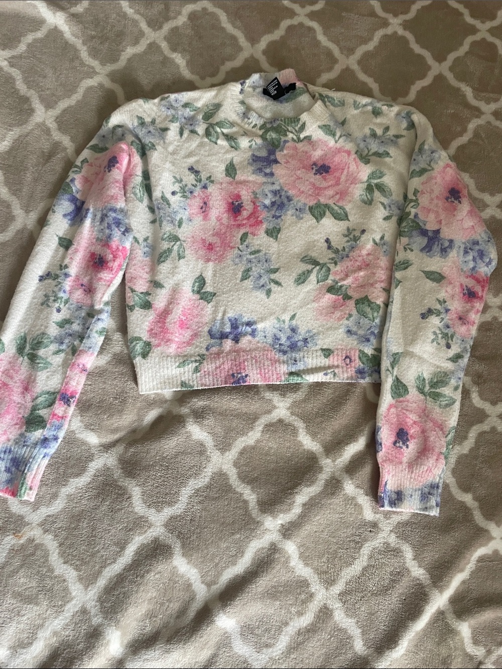Forever 21 Cream Floral Cropped Sweater with Pink and Purple Roses